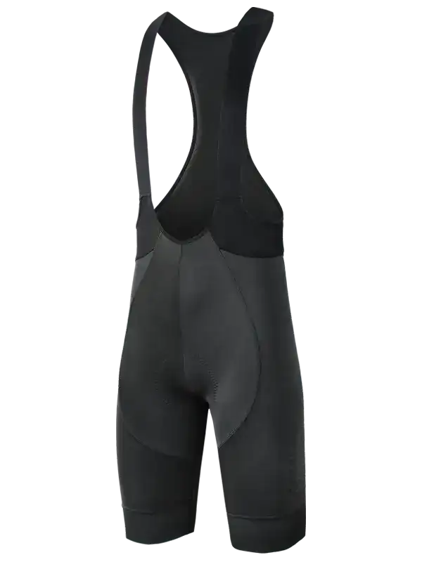 Black men's cycling bib shorts with padded chamois, designed for comfort and performance on rides.