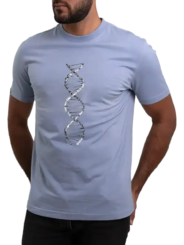 Men's light blue cycling t-shirt with DNA helix graphic design, ideal for active wear and casual style.