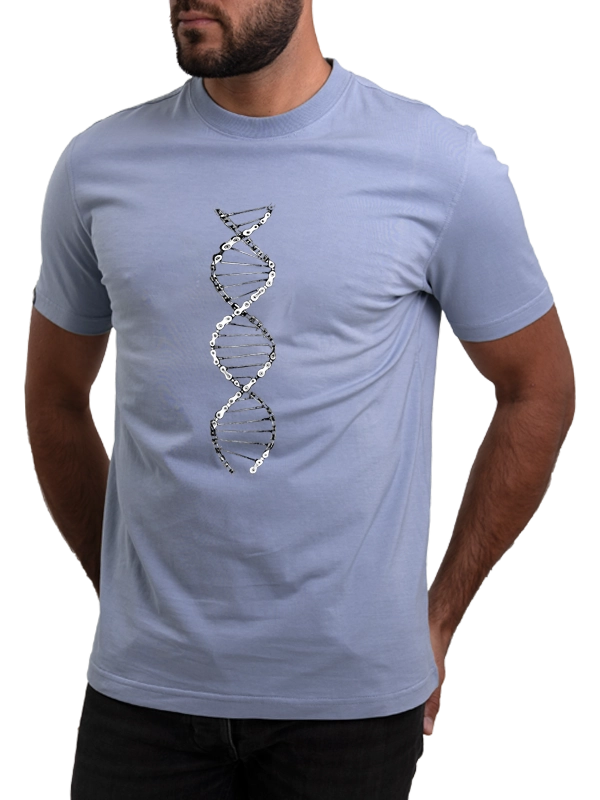 Light blue t-shirt with a DNA helix design worn by a person