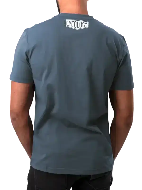 Men's cycling t-shirt with 'CYCOLOGY' logo on back, dark gray, casual fit for bike rides