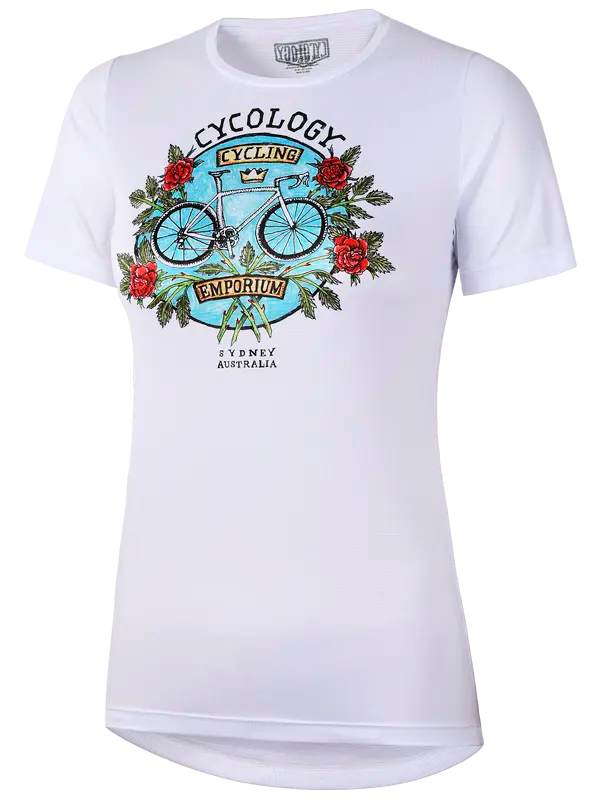 White t-shirt with a bicycle graphic and text on a white background