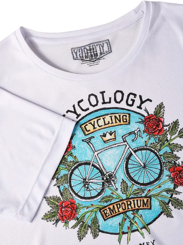 White t-shirt with a bicycle graphic and text on a white background