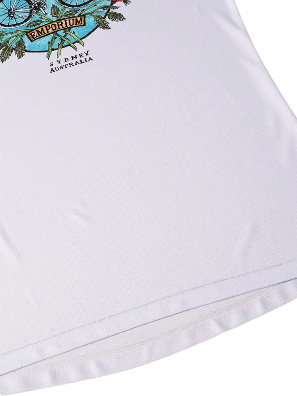 White t-shirt with a bicycle graphic and text on a white background