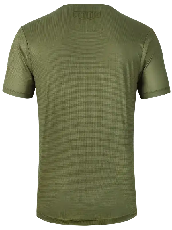 Olive green men's cycling jersey with textured fabric and subtle brand logo at neckline