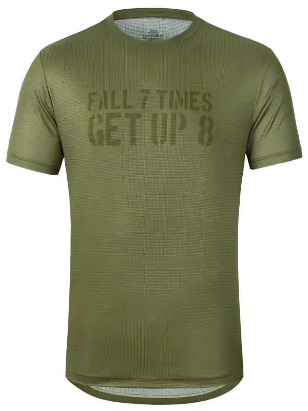 Olive green men's cycling jersey with 'Fall 7 Times Get Up 8' motivational print, breathable fabric design