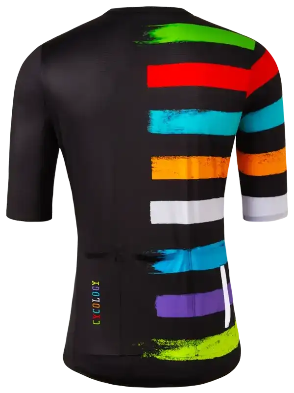 Men's cycling jersey with colorful brushstroke stripes on black, rear view