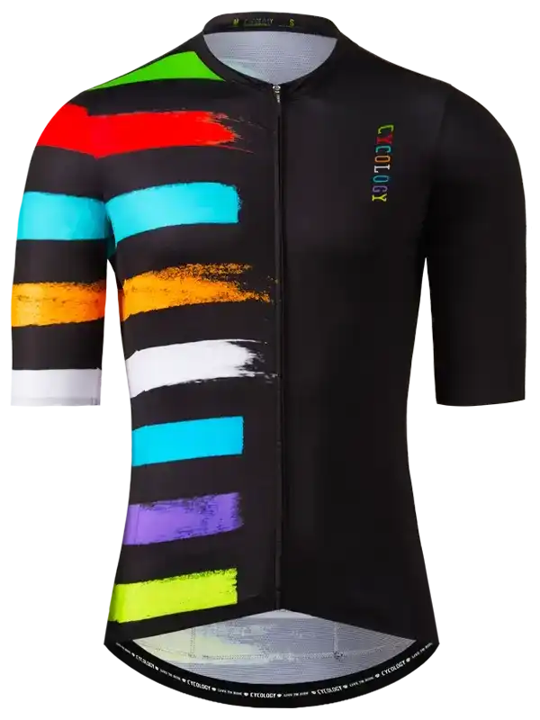 Men's cycling jersey with colorful rainbow brushstroke stripes on black, full zip front, performance fabric
