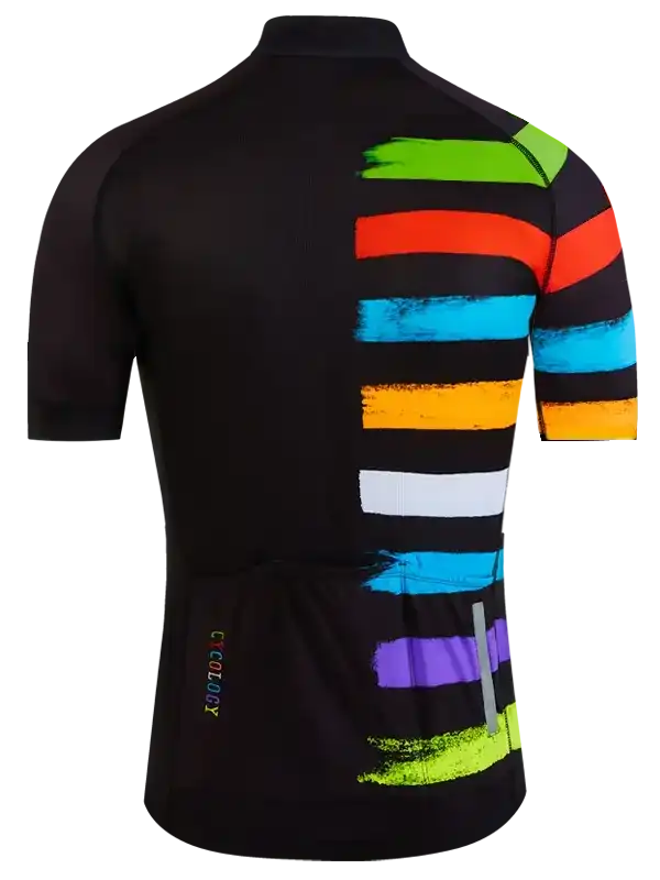 Men's cycling jersey with colorful rainbow stripes on black, short sleeve bike apparel