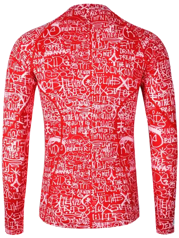 Red long-sleeve cycling jersey with white graffiti-style text print, featuring words like 'RIDE' and 'CLIMB' for men's bike wear.