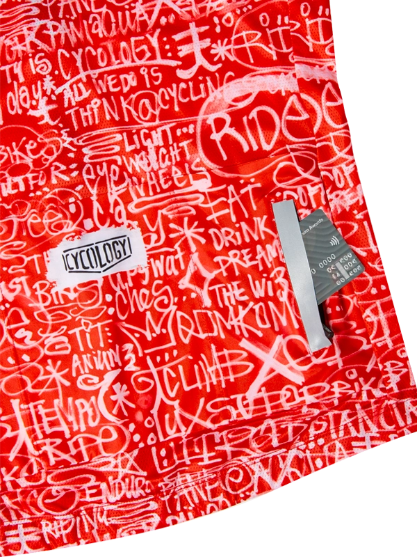 Red men's short sleeve cycling jersey back pockets with white text pattern 