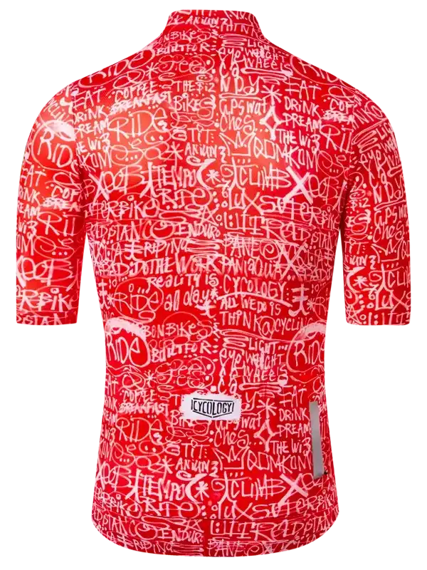 Red men's cycling jersey with white graffiti-style text print, featuring 'RIDE' and 'CLIMB' motifs for road biking.