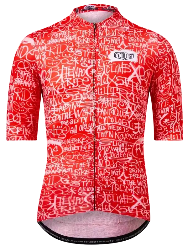 Red cycling jersey with graffiti-style text design for men and women