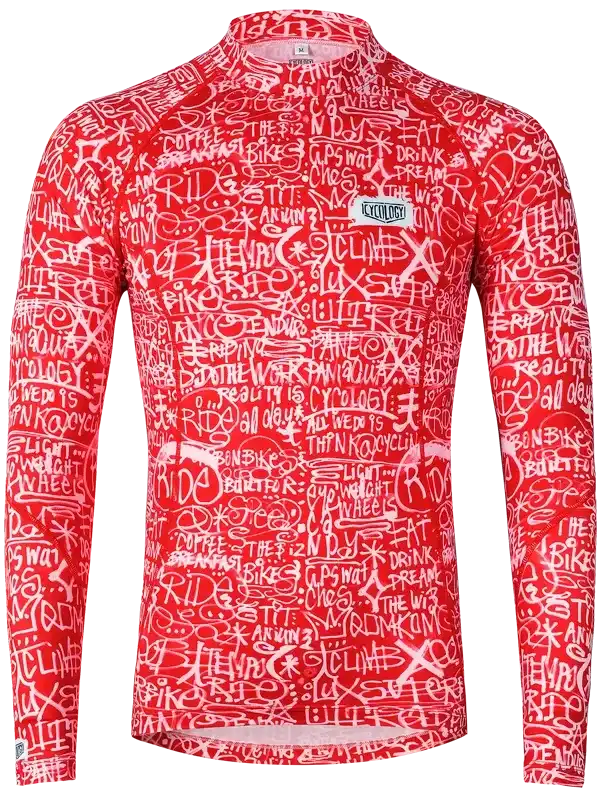 Red long-sleeve cycling jersey with white graffiti-style text print, ideal for men's and women's bike rides.