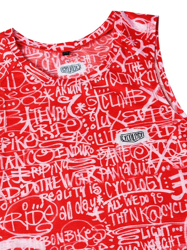 Red sleeveless cycling base layer with white text and graphics