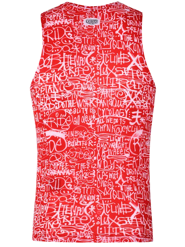 Red sleeveless cycling base layer with white text and graphics