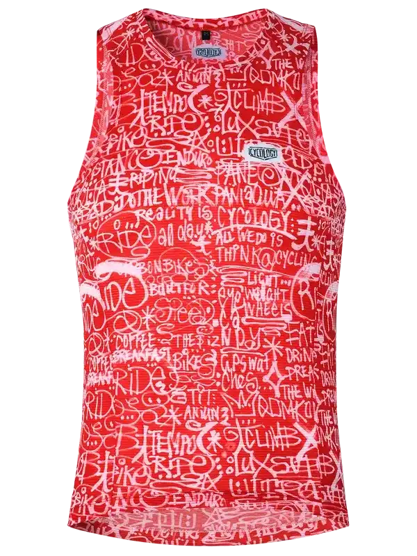 Red cycling jersey with white graffiti-style text, featuring words like 'RIDE' and 'CLIMB' for men's and women's bike apparel.