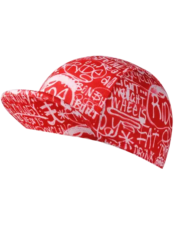 Red cycling cap with white graffiti-style text and bike graphics, ideal for men's and women's bike rides.
