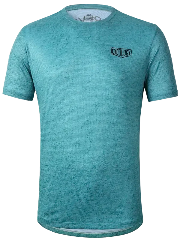 Teal heathered men's cycling jersey with small chest logo, breathable fabric for active rides