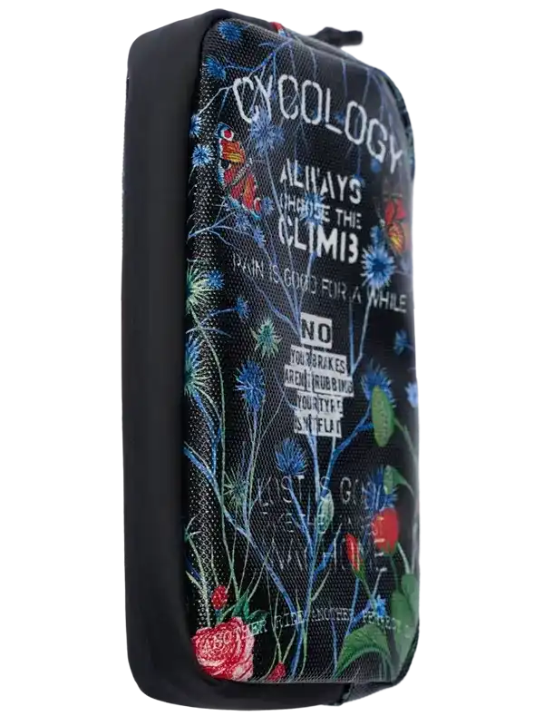 Cycling accessory bag with floral print and motivational quotes for bike riders