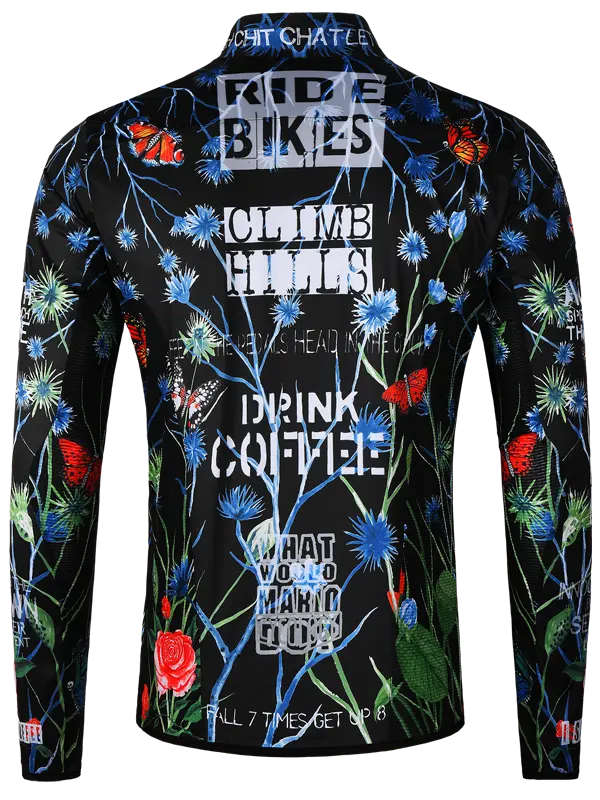 Long-sleeve jacket with floral design and text on a black background