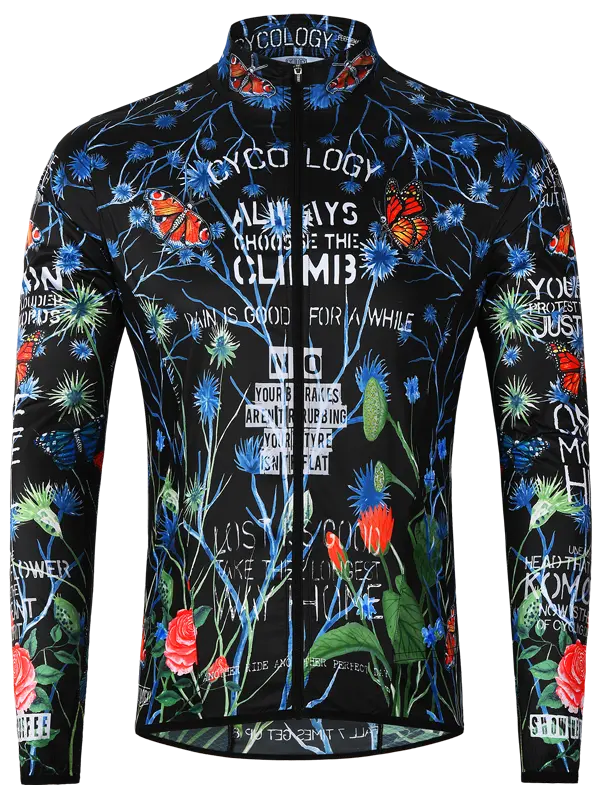 Long-sleeve jacket with floral and text design on a black background