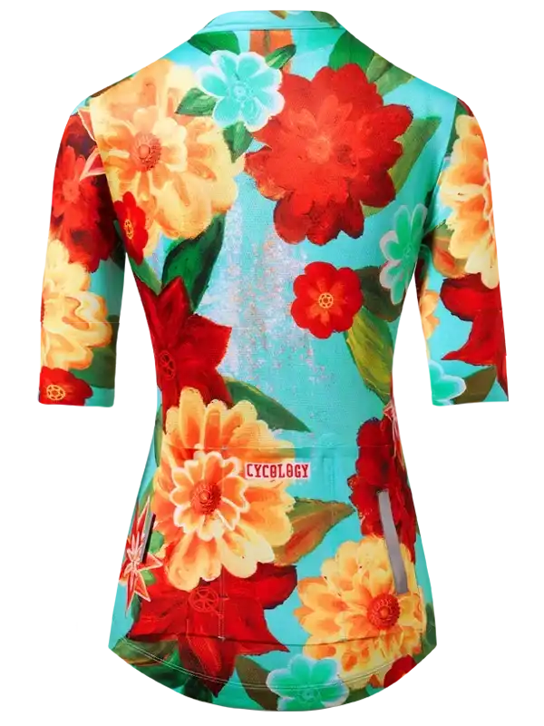 Floral cycling jersey with vibrant red, orange, and blue flowers, ideal for women's bike rides.