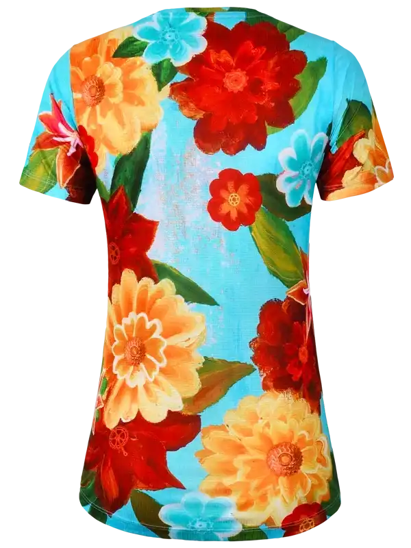 Women's cycling jersey with vibrant floral print on blue background, perfect for bike rides