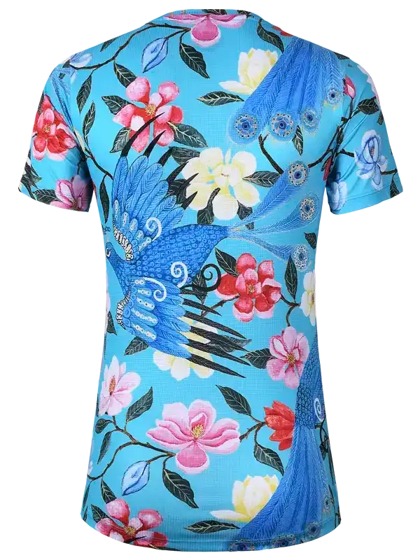 Blue cycling jersey with floral and peacock print, women's bike wear