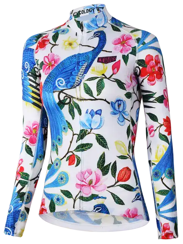 Women's long sleeve cycling jersey with peacock and floral print, vibrant colors, full zip front