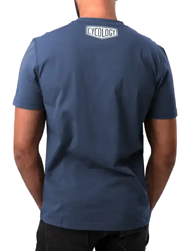 Men's navy blue cycling t-shirt with white logo on back, casual fit for active wear