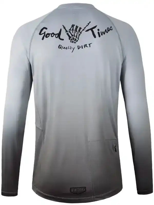 Men's long sleeve cycling jersey with 'Good Times Quality DIRT' graphic, gradient gray design, rear pockets