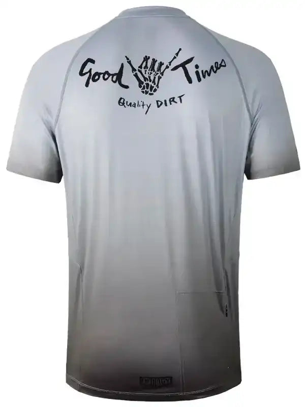 Gray cycling jersey with 'Good Times Quality DIRT' graphic, rear view, performance fabric
