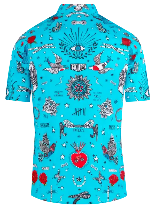 Men's turquoise cycling shirt with tattoo-style graphics, roses, birds, and eye motifs for bike rides