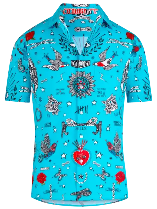 Vibrant turquoise cycling jersey with tattoo-style birds, roses, and stars for men's or women's bike rides