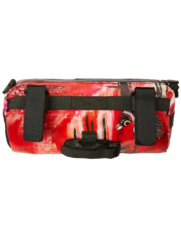 Red and black patterned bike bag with straps on a white background