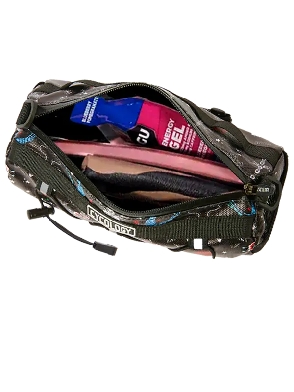 Black bike bag with colorful designs and 'Cycology' branding 