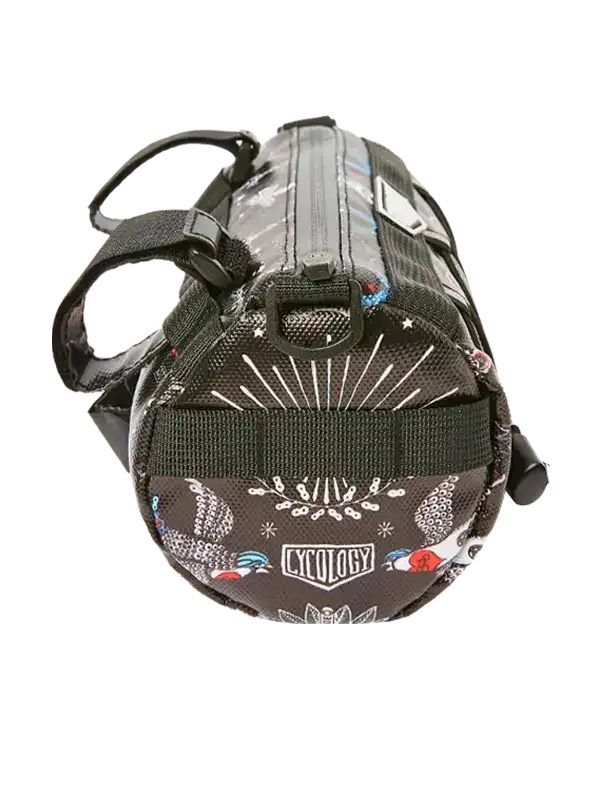 Cycology bike frame bag with colorful pattern, zippered closure, and mounting straps for cycling gear storage