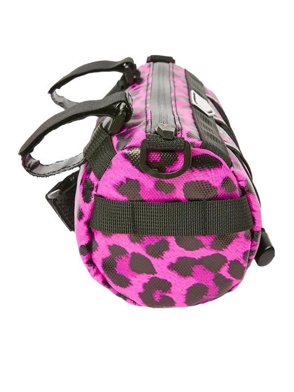 Bicycle handlebar bag with pink leopard print design and 'Cycology' branding.