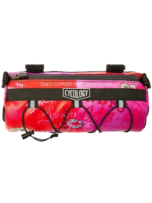 Cycology cycling frame bag with vibrant pink and red design, featuring reflective straps and bold text.