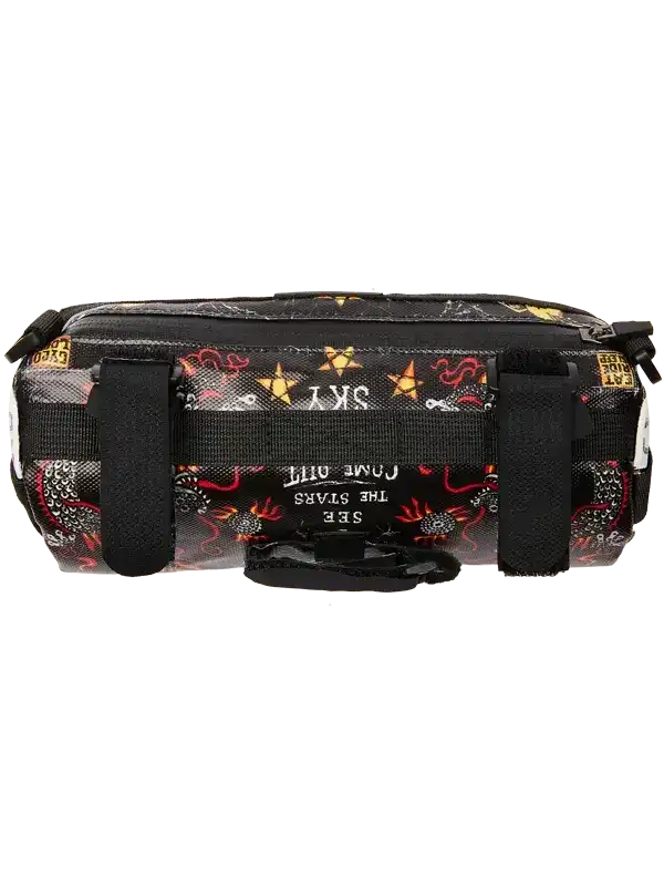 Black cycling frame bag with star and dragon print, bold text design, and adjustable straps for bike mounting