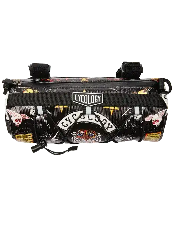 Cycology bike frame bag with skull and tiger graphics, ideal for cycling adventures