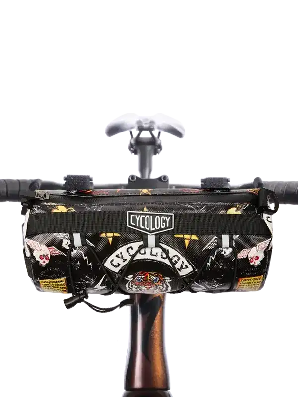 Cycology bike handlebar bag with bold skull and tiger designs, perfect for cycling adventures.