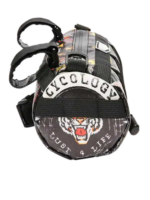 Cycology bike frame bag with tiger graphic, bold 'Just 4 Life' text, and adjustable straps for cycling gear storage.