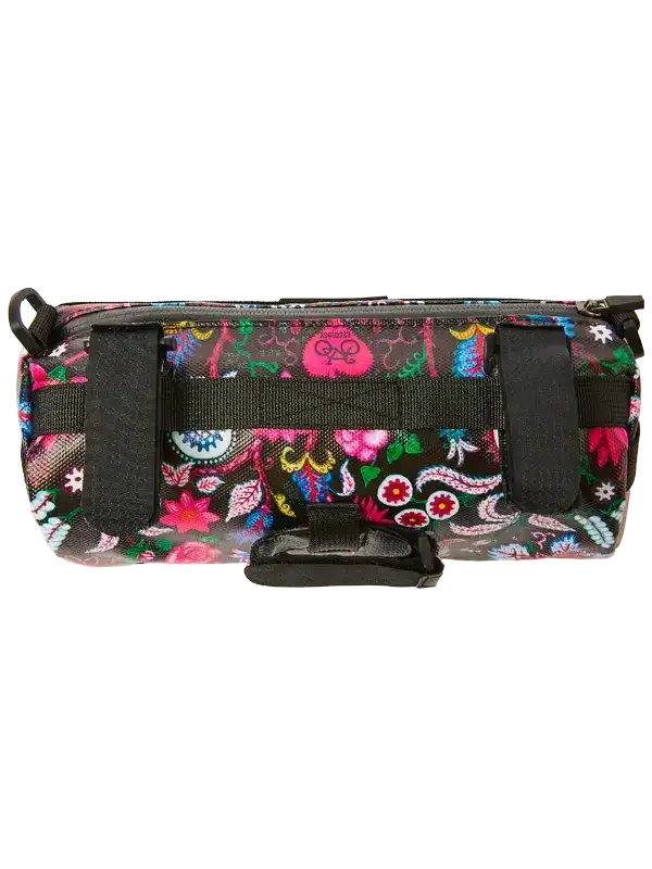 Colorful floral-patterned cycling bag with black straps for bike frame storage