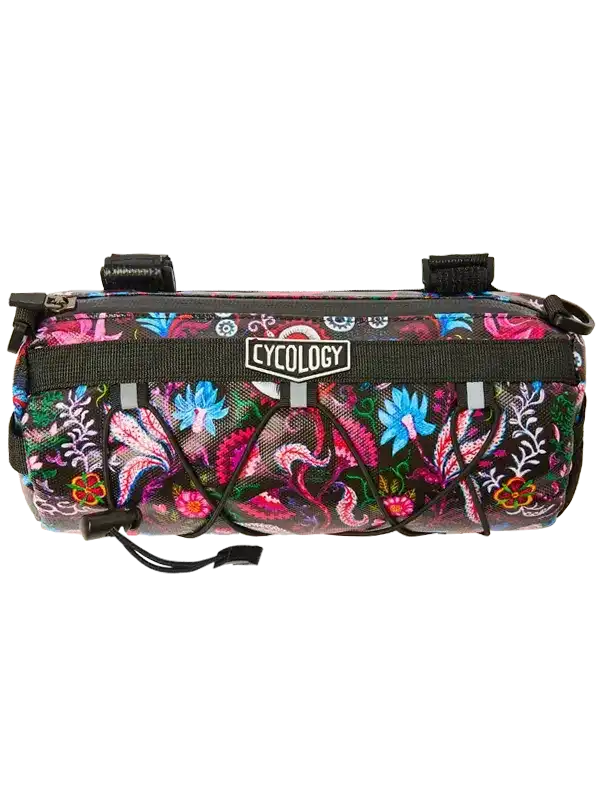 Cycology floral bike frame bag with vibrant paisley print and secure straps for cycling gear storage