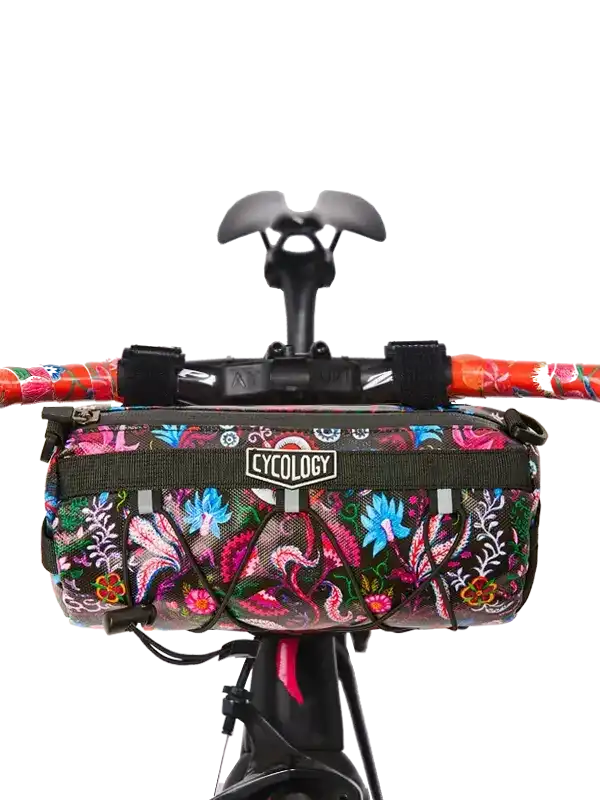 Cycology floral bike handlebar bag with vibrant embroidery, perfect for cycling adventures