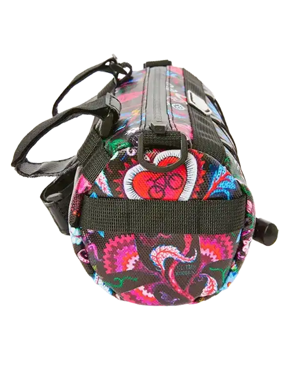Colorful cycling frame bag with heart and bike print, black straps, and zipper closure for bike storage.