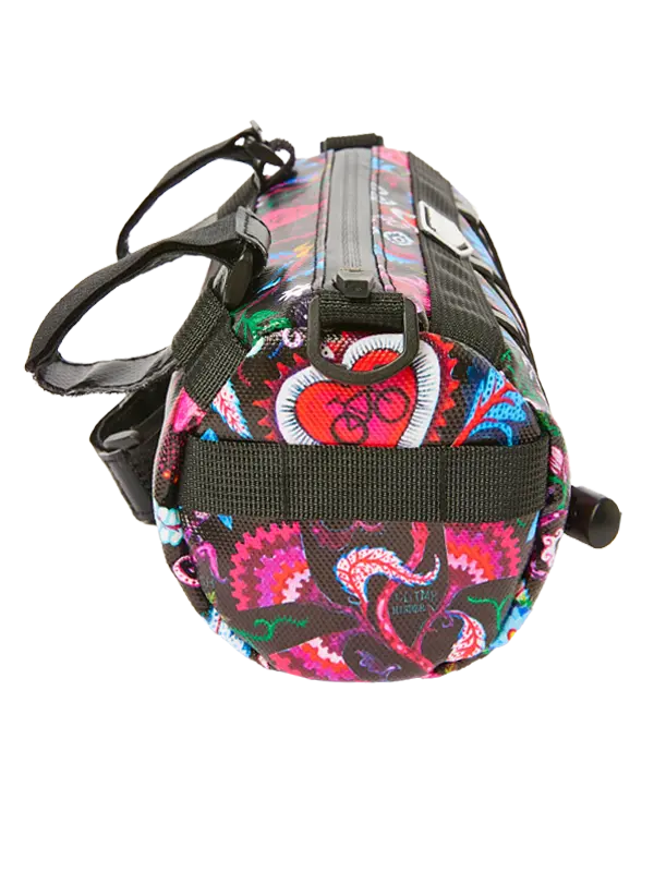 Multicolored floral patterned bike  bag with black Velcro  straps 