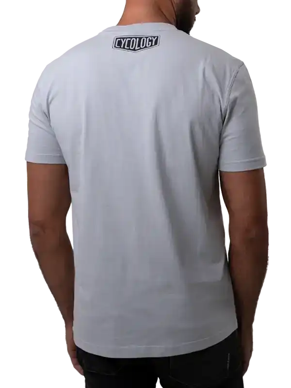 Men's gray cycling t-shirt with Cycology logo on back, casual fit for active wear