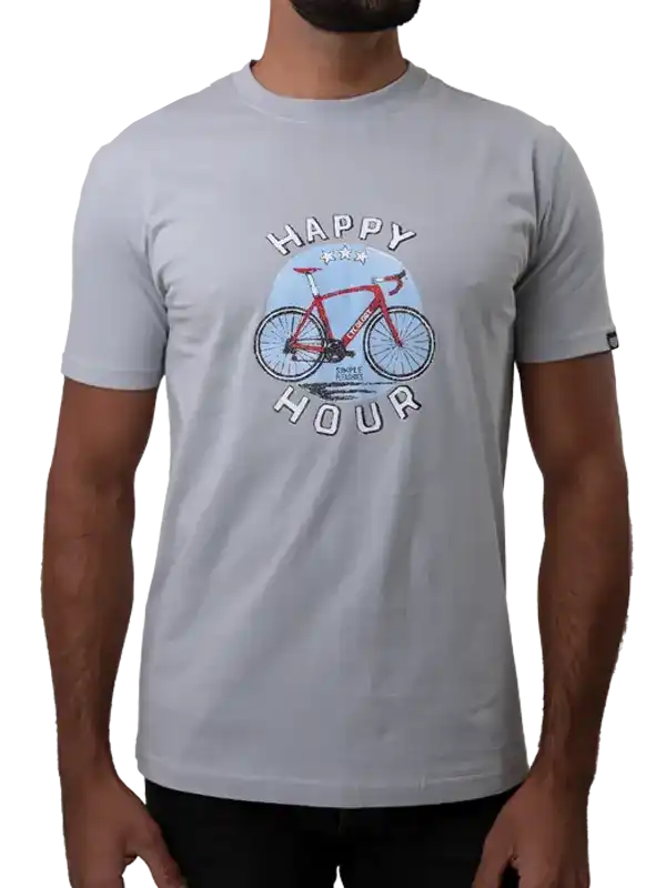 Men's gray cycling t-shirt with red bike graphic and 'Happy Hour' text